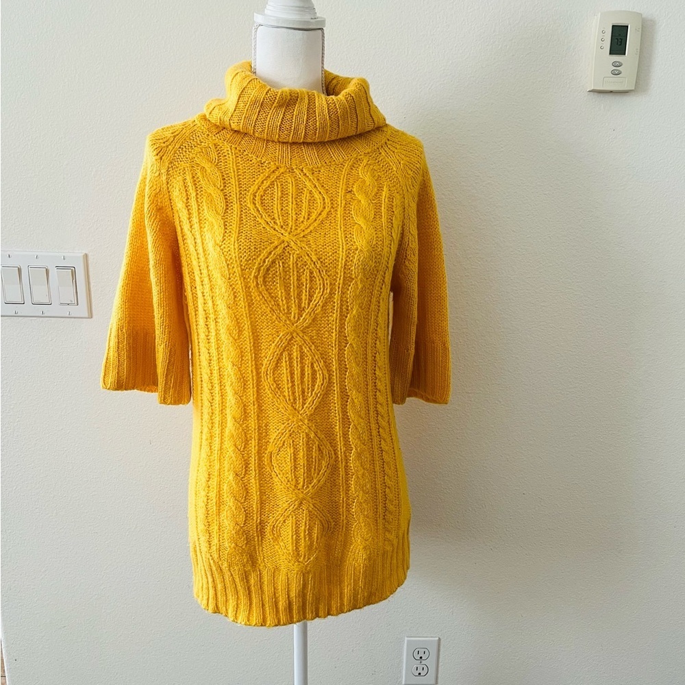 Cowl Neck Cable Knit Sweater Tunic - Yellow